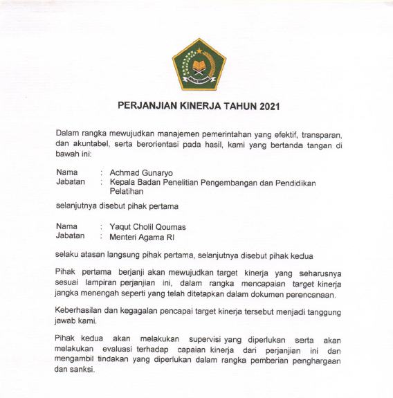 Image Perjanjian Kinerja Badan Litbang dan Diklat Kementerian Agama Tahun 2021