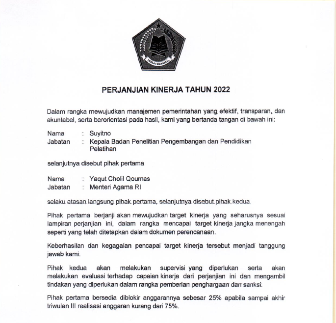 Image Perjanjian Kinerja Badan Litbang dan Diklat Kementerian Agama Tahun 2022