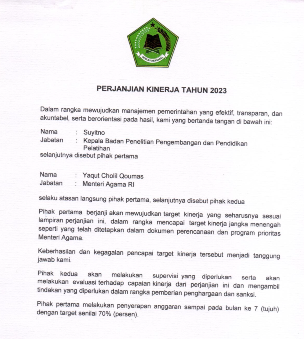 Image Perjanjian Kinerja Badan Litbang dan Diklat Kementerian Agama Tahun 2023